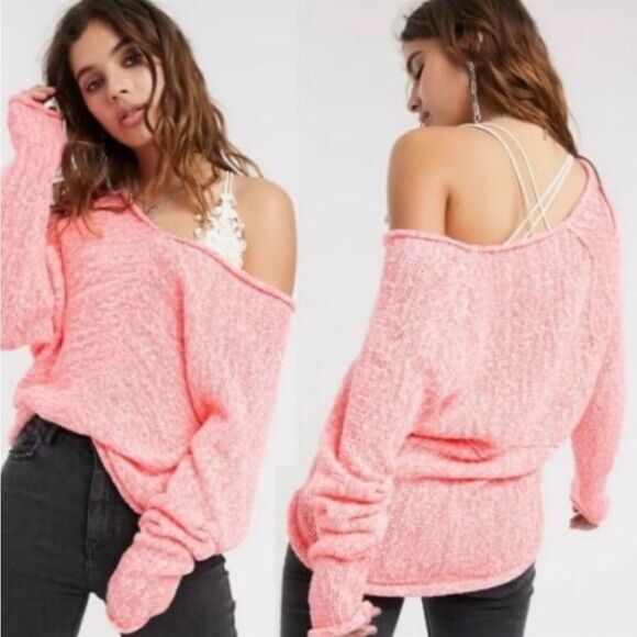 𝅺Free People Bright Lights V-Neck Sweater In Neon Pink - Picture 1 of 1